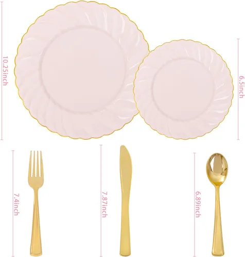 Miniatura 2 de YOUBET 125 platos de plástico rosa con borde dorado, juego de platos de plástico festoneados que incluye 25 cenas, 25 platos de postre, 75 cubiertos