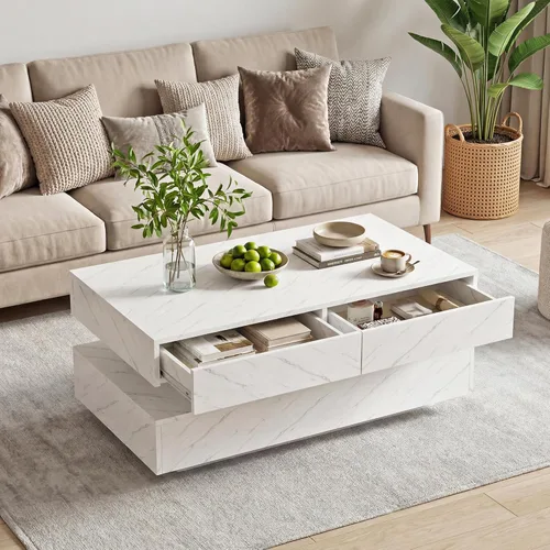 Miniatura 5 de Mesa de centro para sala de estar, mesa de centro moderna con 2 cajones de almacenamiento, mesa central de 2 niveles de madera con luces LED de 20