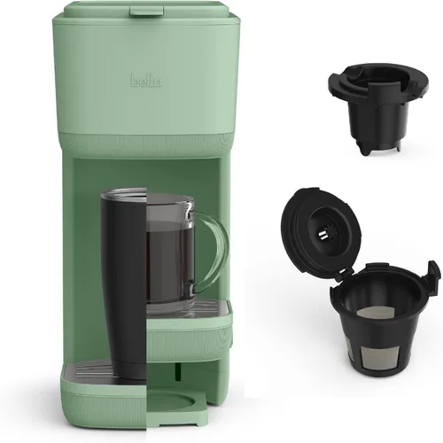 BELLA Cafetera de una sola porción, compatible con cápsulas K y café molido, con bandeja de goteo extraíble y ajustable, apagado automático y Vidrio