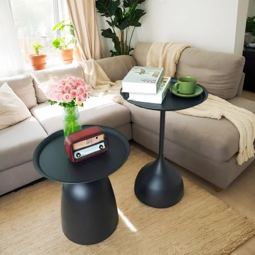 Miniatura 2 de Benkyo Mesas anidables negras con pedestal, juego de 2 mesas auxiliares anidables, mesa auxiliar redonda de metal, mesa de sofá moderna para sala