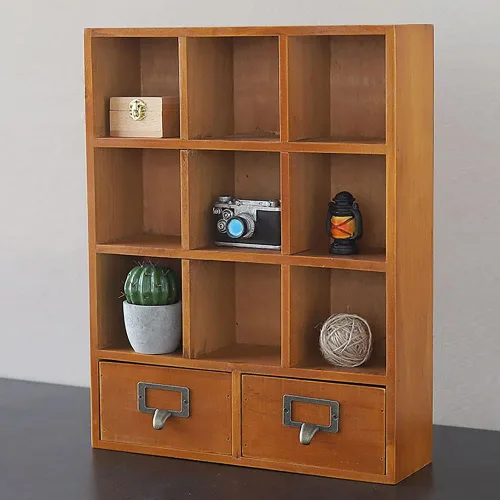 Miniatura 2 de Estante de almacenamiento vintage con 2 cajones, 9 cubos de madera, estante abierto para dormitorio, 13.1 x 3.93 x 16.7 pulgadas, mango de metal