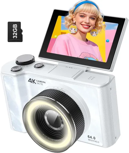 W&O - Cámara digital para adolescentes, cámara digital para niños con tarjeta SD de 32 G, cámara de pantalla abatible de 180° para fotografía, Crema