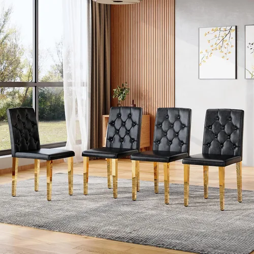 Miniatura 12 de Juego de 4 sillas de comedor negras, modernas sillas de comedor tapizadas con patas de metal negro, cómodas sillas Parsons de piel sintética