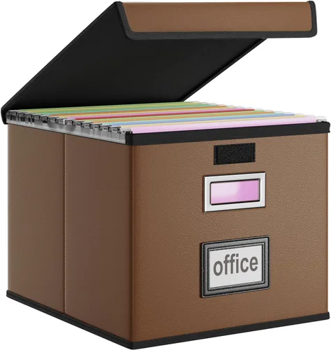 Miniatura 64 de Caja Organizadora de Archivos con Tapa, Caja Organizadora Plegable de Cuero Sintético para Carpetas Colgantes con Rieles de Plástico, Cajas (cuero)