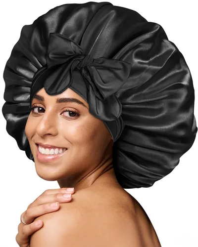 Miniatura 46 de Gorro de satén de seda para dormir con banda ancha para cabello rizado, color rosado oro rosa claro