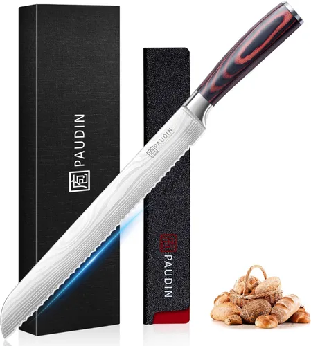 Cuchillo de pan PAUDIN, cuchillo dentado de 10 pulgadas, cuchillo de pan alemán de acero inoxidable para pan casero, filo afilado como una navaja