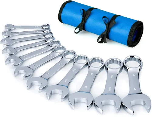 Juego de Llaves Combinadas Stubby Premium con Bolsa Enrollable, 11 Piezas, SAE, 3/8" a 1", Sin Omitir Ningún Tamaño en Pulgadas | Acero Cr-V,