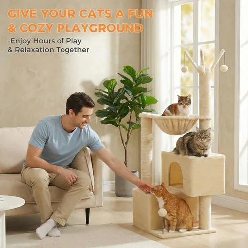 Miniatura 4 de Árbol para gatos de 45 pulgadas para gatos de interior, torre compacta para gatos con 2 condominios, cama hamaca y 5 juguetes de bola colgantes