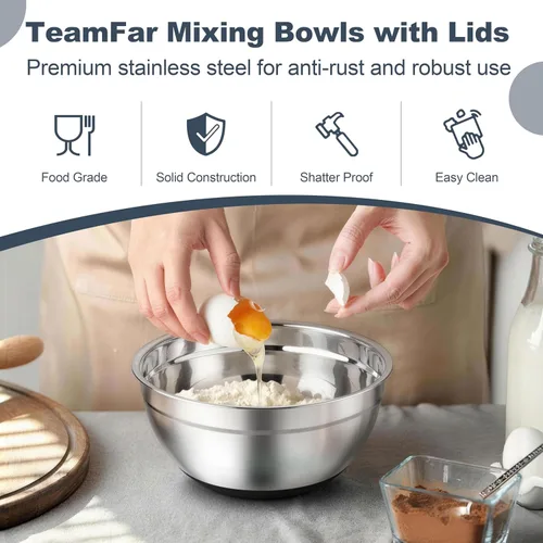 Miniatura 5 de TeamFar Tazones para mezclar, cuencos negros con tapas, tazón de ensalada anidable de acero inoxidable con tapa hermética y parte inferior