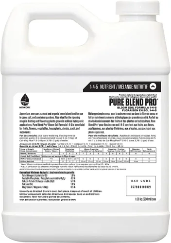 Miniatura 2 de Botanicare Pure Blend Pro Bloom - Suelo nutriente para frutas y flores, 1-4-5, 1 cuarto de galón.