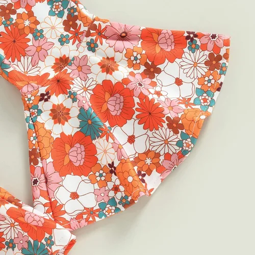 Miniatura 5 de YOKJZJD Conjunto de camiseta de manga corta con estampado floral arcoíris y pantalones acampanados para niñas pequeñas