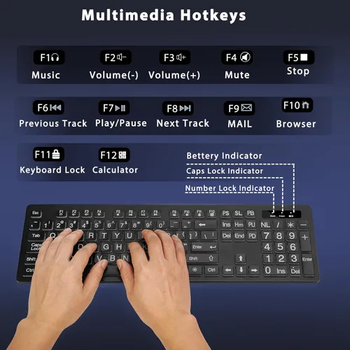 Miniatura 7 de Teclado y mouse inalámbricos retroiluminados con impresión grande, 2.4G de tamaño completo con letras grandes y llave de retroiluminación, letras