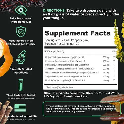 Miniatura 5 de SuperBonsai Super Lungs Mullein Drops - Tintura de apoyo pulmonar a base de hierbas con extracto de hoja de gordolobo, saúco, Reishi, raíz