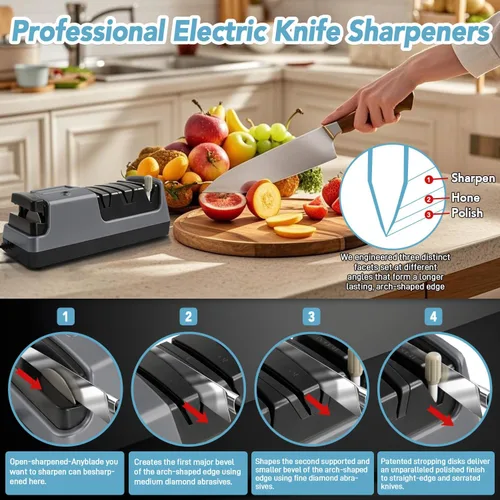 Miniatura 6 de Afilador de cuchillos eléctrico 5 en 1 con abrasivos 100% diamante, variable de 3 velocidades con pantalla LCD para cuchillas de césped dentadas