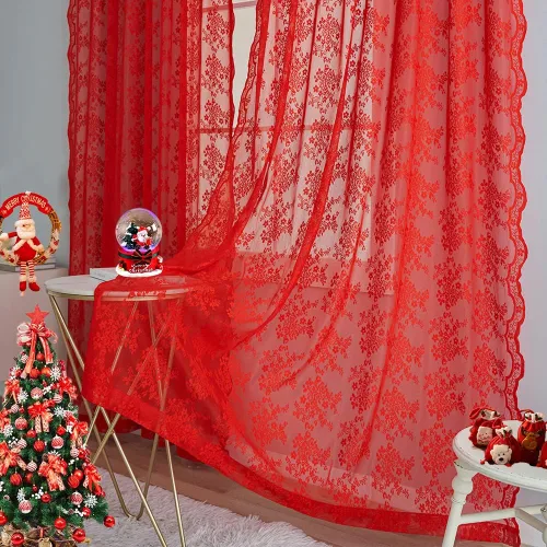 Miniatura 4 de YJ YANJUN Cortinas transparentes rojas de 96 pulgadas de largo para sala de estar, juego de 2 paneles, hermosas cortinas de encaje con flores de Rojo