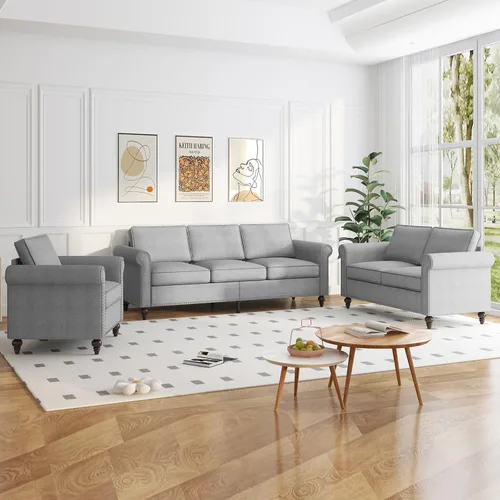 Miniatura 14 de PUREMIND Juego de sofá de 2 piezas para muebles de sala de estar, juego de sofá y silla de oficina moderno de lino con patas de madera maciza, sofá