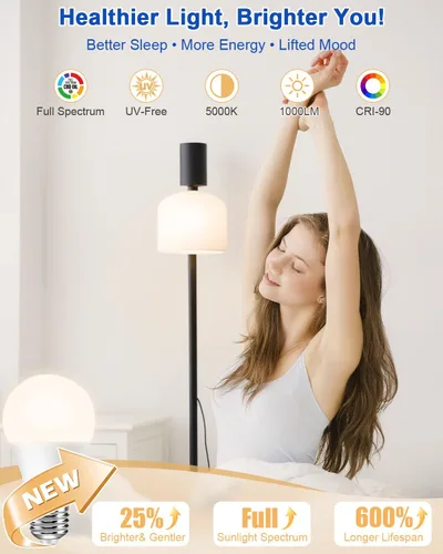 Miniatura 3 de Neporal Bombilla de espectro completo de 15W LED=100W, luz diurna libre de parpadeo de 5000K, sin UV y con alto CRI y luz natural que cuida los ojos