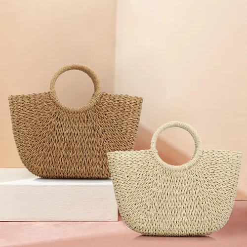 Miniatura 6 de Bolso de playa de verano para mujer, bolso de paja con asa superior, gran capacidad, bolso de viaje tejido a mano, bolso de paja grande