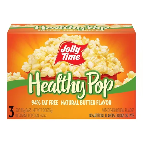 Jolly Time Healthy Pop Buttery - Palomitas de maíz para microondas, bajas en grasa, sin gluten, sin OMG, bolsa para compartir de 3 onzas, 3 bolsas