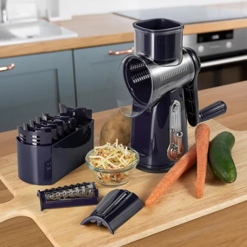 Miniatura 6 de Rallador de queso giratorio 5 en 1 con asa, cuchillas de acero inoxidable, cortador y triturador de verduras, molinillo de nueces, rallador