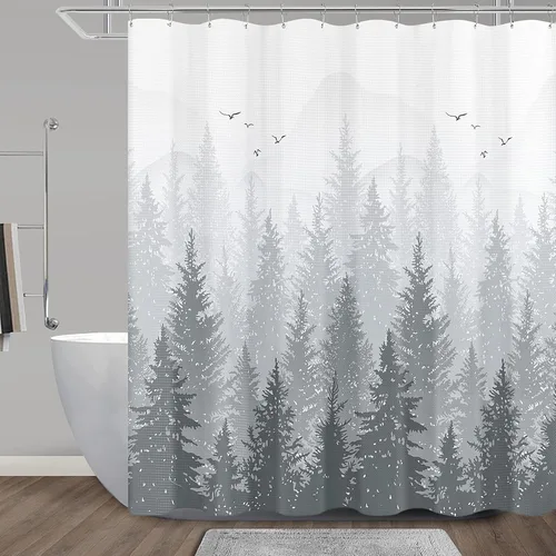 Miniatura 20 de Hokibero Cortinas de Ducha de Tela con Diseño de Bosque Brumoso Azul, Montaña, Naturaleza, Árbol para Baño, Impermeables, Resistentes, Azul Marino