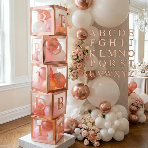 96 piezas de decoración de despedida de soltera, cajas de globos color oro rosa, bloque transparente con BRIDE TO BE + GROOM + letras A - Z y 40