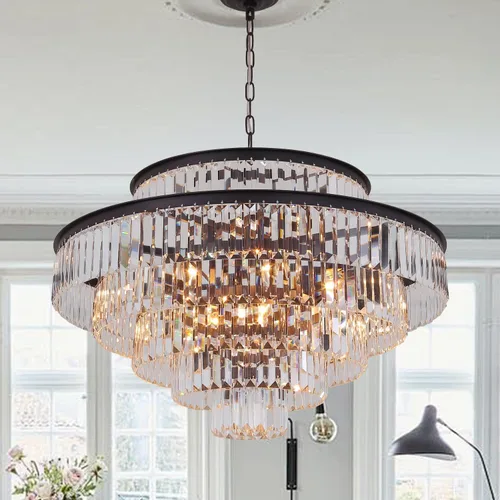 Miniatura 10 de Candelabro grande de cristal moderno y lujoso, lámpara colgante de gota de lluvia para comedor, dormitorio, sala de estar, marrón, 39 pulgadas