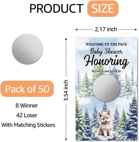 Miniatura 3 de Juego divertido de 50 piezas de Welcome To The Pack, tarjeta de rascar de lobo de nieve para baby shower, suministros de fiesta de cumpleaños