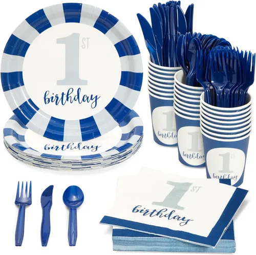 Juvale Juego de 144 piezas de decoración de primer cumpleaños para niños, decoración náutica, platos náuticos desechables y servilletas para el