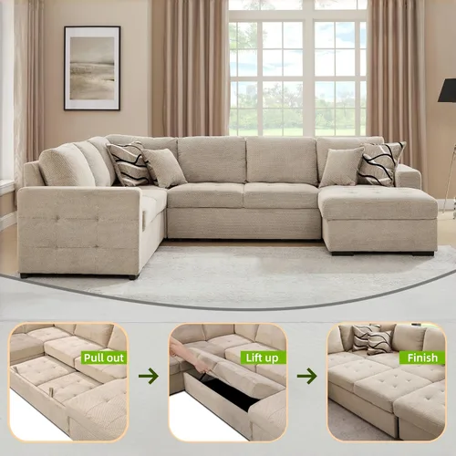 Miniatura 4 de THSUPER Sofá cama seccional de 123 pulgadas con cama extraíble, 6 plazas en forma de U de gran tamaño, sofás seccionales con diván de almacenamiento