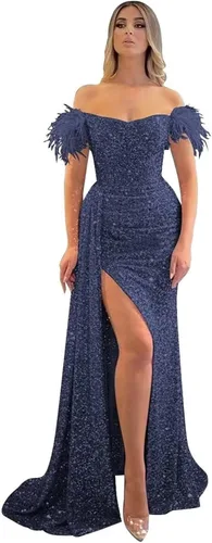Miniatura 20 de Vestidos de fiesta de lentejuelas con hombros descubiertos, vestido formal de sirena brillante, vestido largo de fiesta de noche con abertura