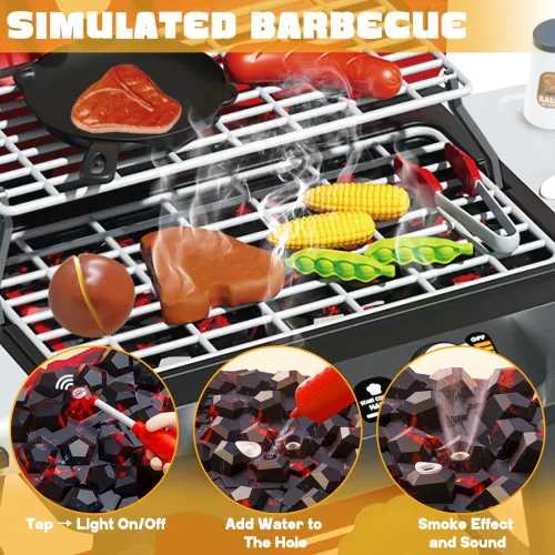Miniatura 3 de Juego de Parrilla para Niños, Parrilla de Juguetes BBQ con Sonido de Humo, Luz y Rueda, Juguetes de Cocina de Simulación Movibles para Niños