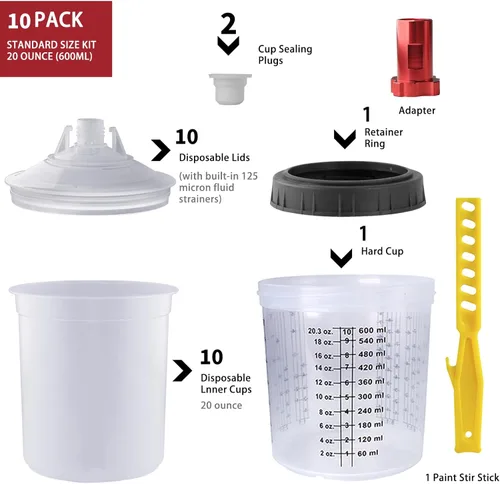 Miniatura 2 de Kit de Tazas Mezcladoras de Pintura Desechables, Kit de Tazas Mezcladoras para Pistola Pulverizadora de Pintura HVLP de 20 Onzas (600ml) con Sistema