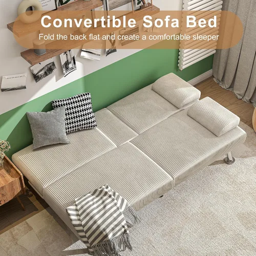 Miniatura 4 de Shahoo - Sofá moderno tapizado, futón convertible plegable con reposabrazos removibles, patas de metal, 2 portavasos para sala de estar, beige