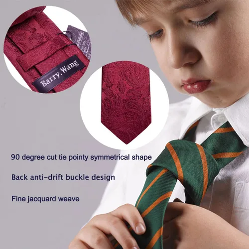 Miniatura 120 de Barry.Wang Corbata de niño regular seda tejida rayas sólido lazo bolsillo cuadrado