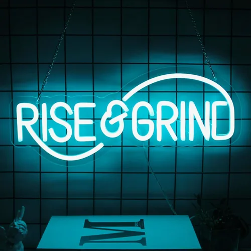 Letrero de neón Rise & Grind Hustle, letreros de neón LED para pared, decoración motivacional, luz de neón de letra azul hielo, arte de pared de
