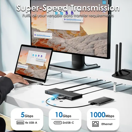 Miniatura 9 de WAVLINK Estación de acoplamiento USB C con monitor dual para portátil Dell/Lenovo/HP/XPS, adaptador multipuerto USB-C Hub Dongle Dock con 2 HDMI