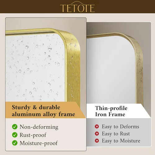 Miniatura 3 de TETOTE Espejo de marco dorado cepillado de 16 x 24 pulgadas, espejo de tocador de baño de latón dorado para pared, espejo enmarcado rectangular