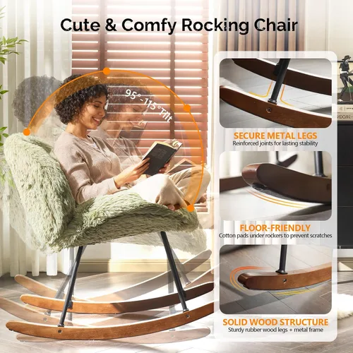 Miniatura 5 de VINGLI Silla mecedora de guardería extra ancha de 25.6" de 115° sin brazos, silla deslizante curvada linda con patas en X con almohada y madera