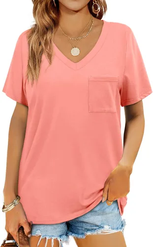 Miniatura 13 de Geifa Camisetas de manga corta con cuello en V para mujer, camisetas casuales de verano con bolsillo