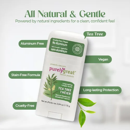 Miniatura 3 de Purelygreat Desodorante natural perfumado de árbol de té para mujeres y hombres, esencial para la higiene apta para viajes, desodorante limpio sin