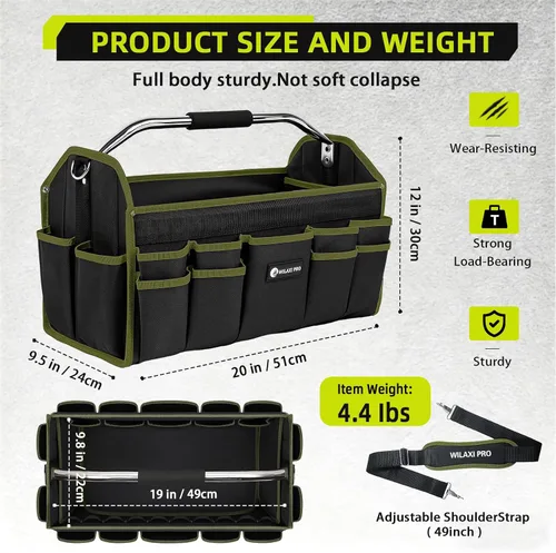 Miniatura 3 de Bolsas de herramientas plegables de boca abierta de 20 pulgadas para hombres de servicio pesado, portaherramientas rígido con asa, bolsa