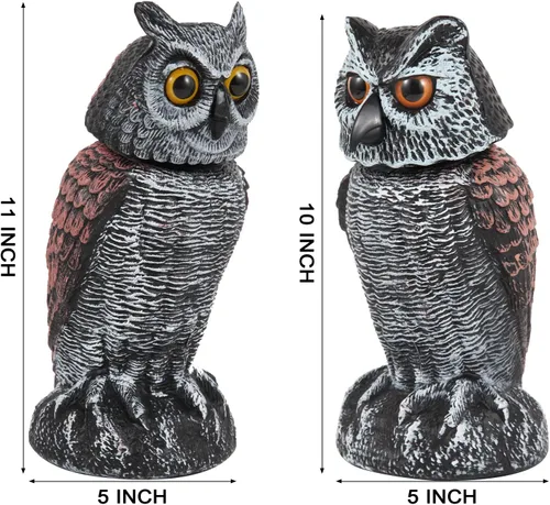 Miniatura 8 de Hedoc 2 Pack Señuelos de búho falso para ahuyentar a los pájaros, cabeza giratoria Disuasivos de aves, estatuas de plástico de espantapájaros