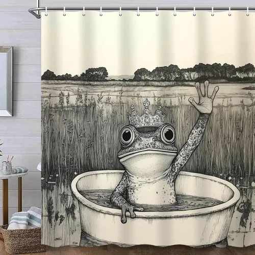 Miniatura 2 de JAWO Divertida cortina de ducha con diseño de rana, bonita decoración de baño, rústica, impermeable, juego de cortina de ducha con ganchos, 69 x 70
