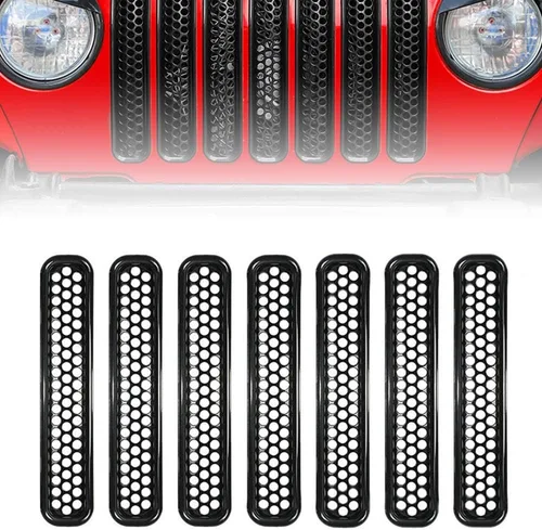 Miniatura 5 de Juego de 7 insertos de malla de rejilla frontal ABS para rejilla de malla Kit de moldura compatible con Jeep Wrangler TJ y Unlimited 1997-2006