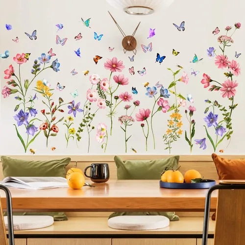 Calcomanías de pared de flores coloridas con mariposa y abeja, 88 piezas de calcomanías de pared extraíbles de flores para bricolaje, decoración de