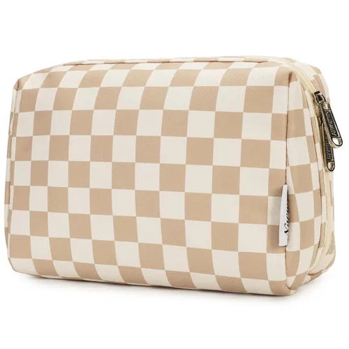 Narwey Bolsa de maquillaje a cuadros para viaje, bolsa organizadora de cosméticos, bolsa de aseo con compartimentos para mujeres y niñas (grande,