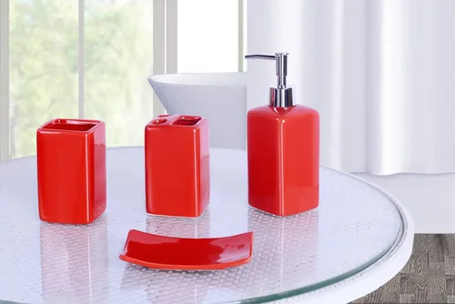 Juego de baño de cerámica de 4 piezas de colores sólidos Soporte para pasta de dientes Soporte para cepillo de dientes Bomba de jabón Jabonera (rojo)