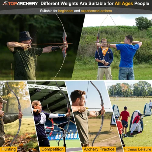 Miniatura 5 de TOPARCHERY Arco recurvo desmontable de caza de 60" y juego de flechas para adultos, práctica, competencia, kit de arco largo de 30-50 libras con 6