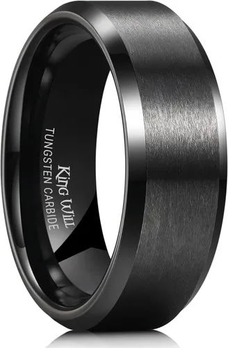Miniatura 107 de King Will Anillo de boda de tungsteno para hombre, disponible en 15/64 a 25/64 de pulgada (6 a 10 mm), negro/plata, acabado mate, borde pulido